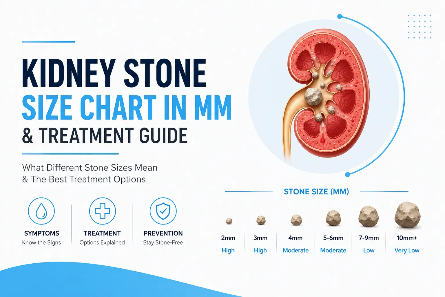 Kidney Stone Size Chart in MM showing stone sizes from 2 mm to 10 mm with treatment options and natural passing chances