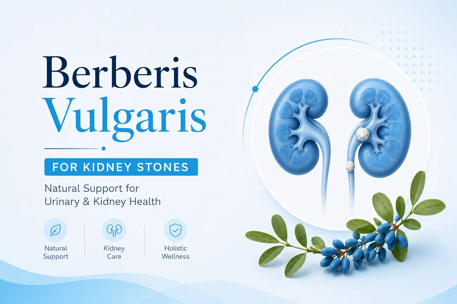 Minimal premium medical illustration of Berberis Vulgaris for kidney stones featuring blue kidney anatomy, kidney stones, and urinary health concept in a modern healthcare design.